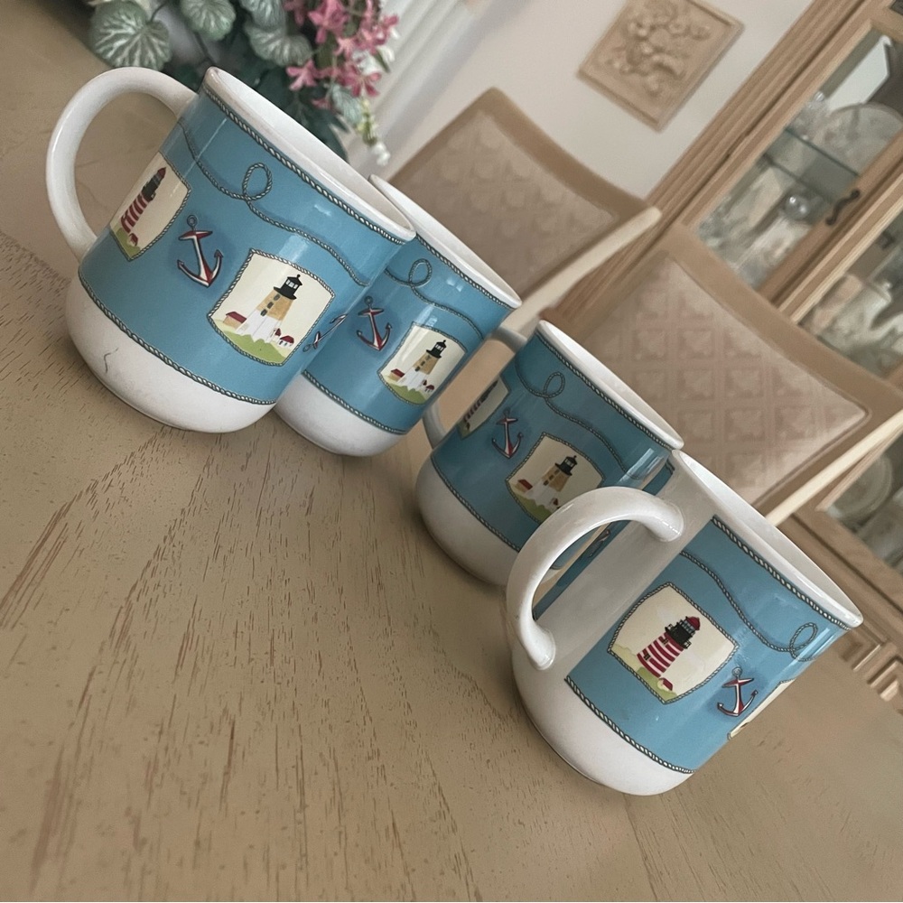 Oneida Shoreline Coffee Mug Set of 4 Nautical Lighthouse Anchor Vintage 1999
